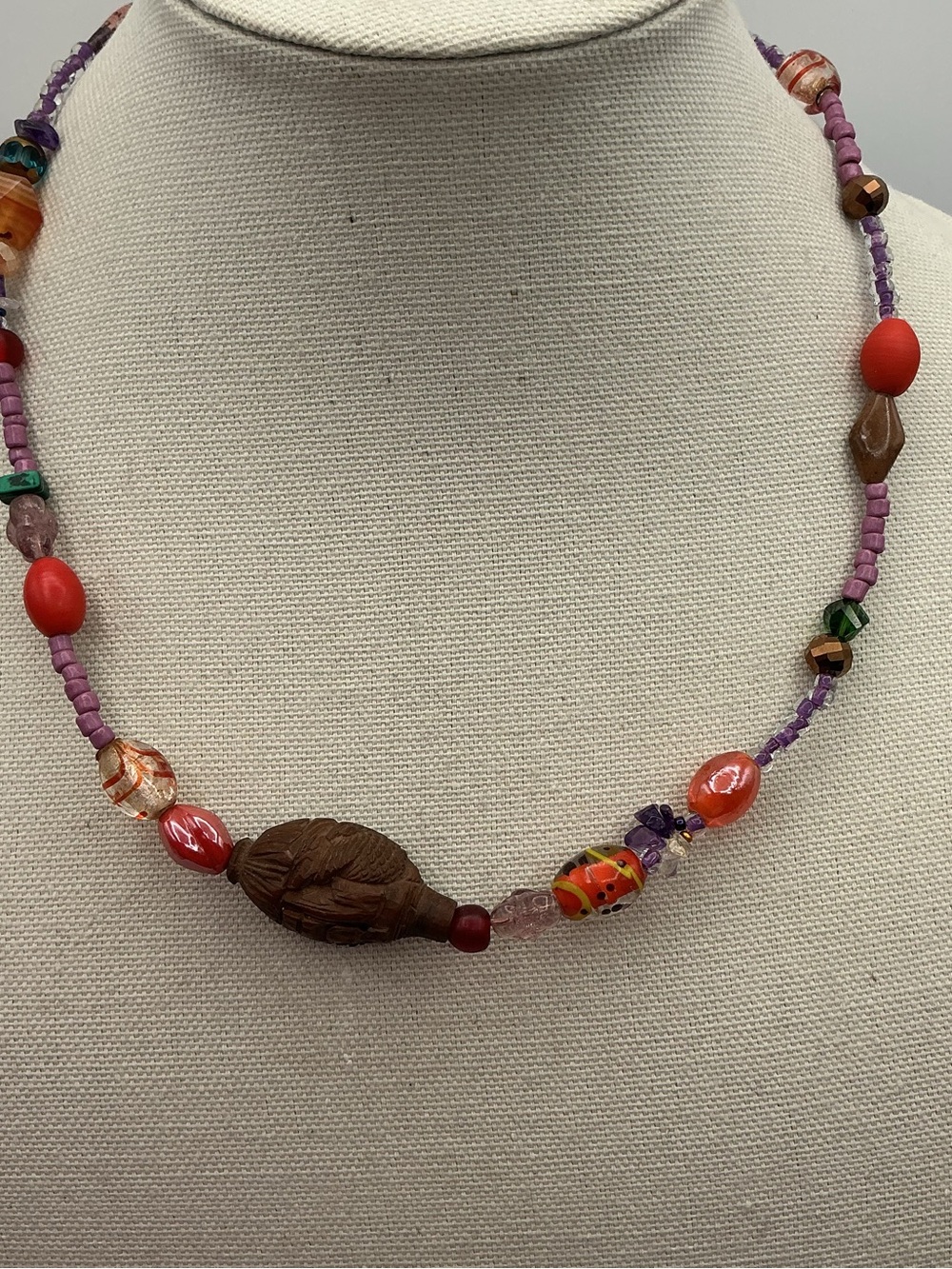 Multicolor Vintage Wood & Glass Quartz Necklace New Accents 20” Adustable